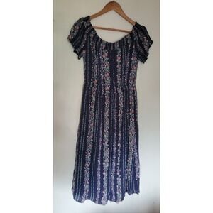 Off the‎ Shoulder Midi Cute Summer Dress Navy Floral size Medium stretchy comfy